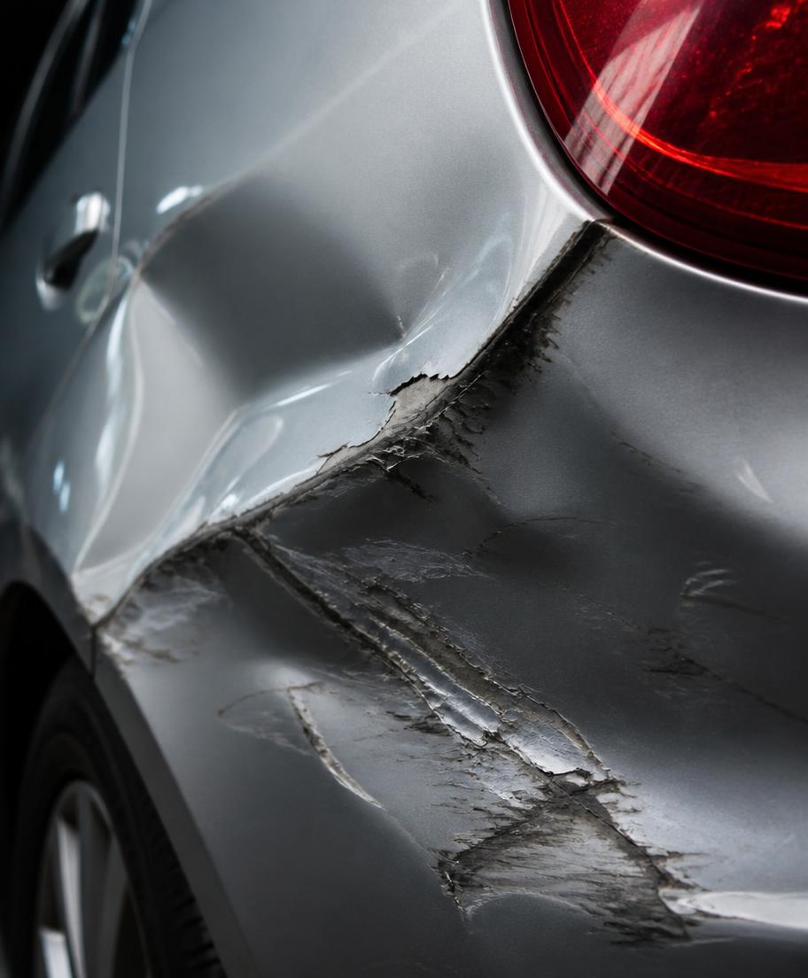 Close-up of a dented and scraped car body panel