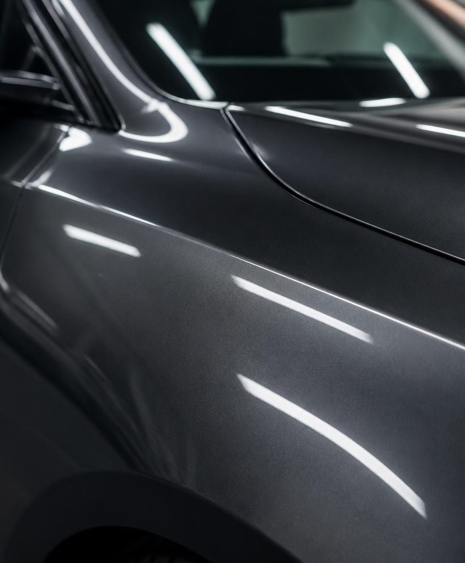 Glossy finished dark grey car body panel reflecting workshop lighting